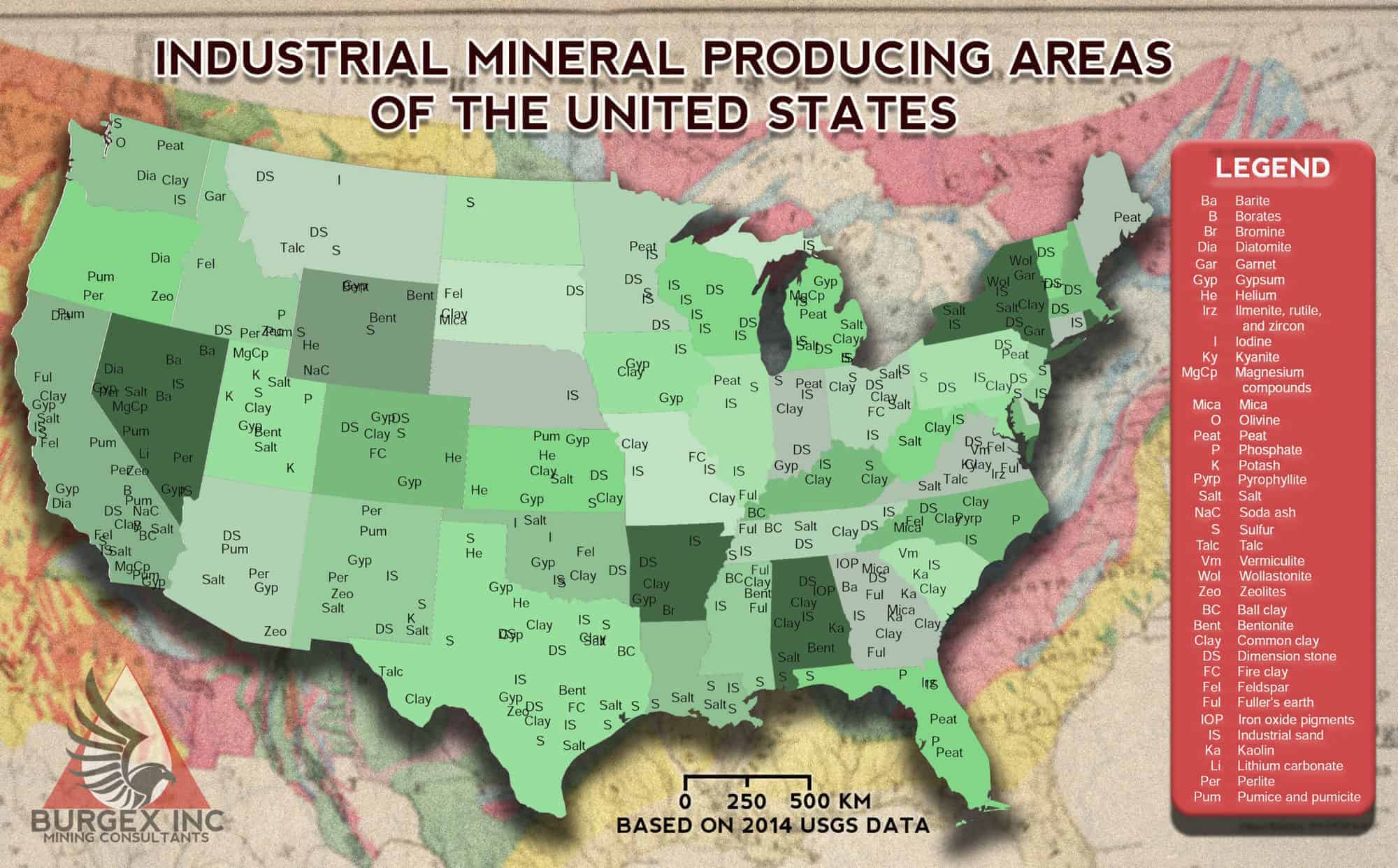 Unites States of Industrial Minerals 2015 Data Map Presented By Burgex Inc. 