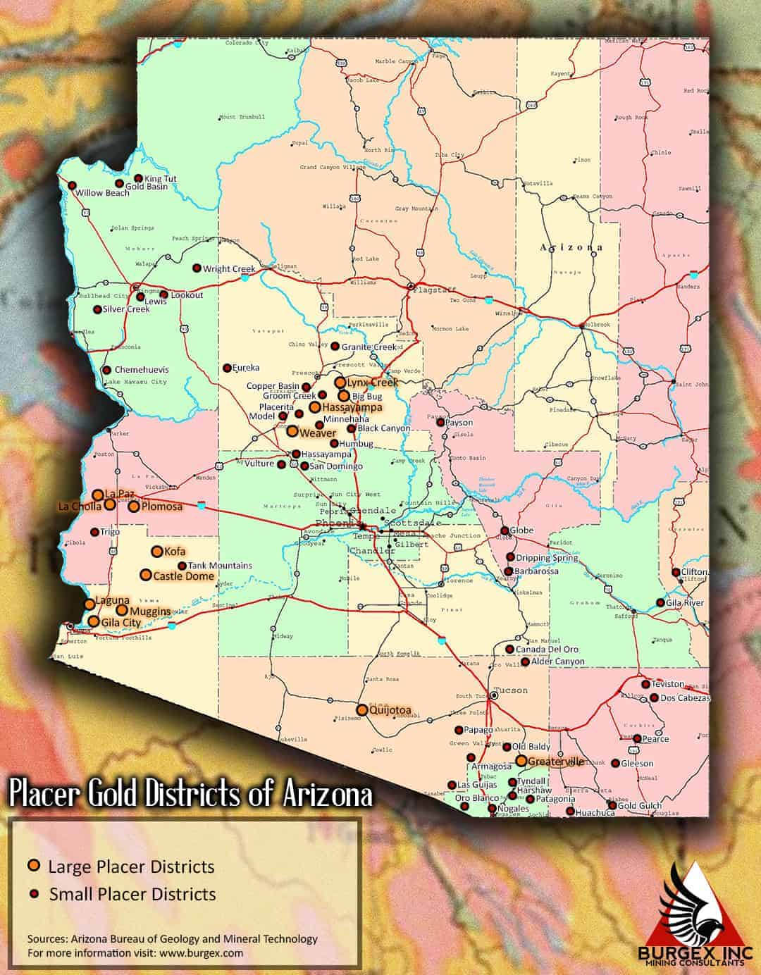 The placer gold districts of Arizona have a long history of production. 