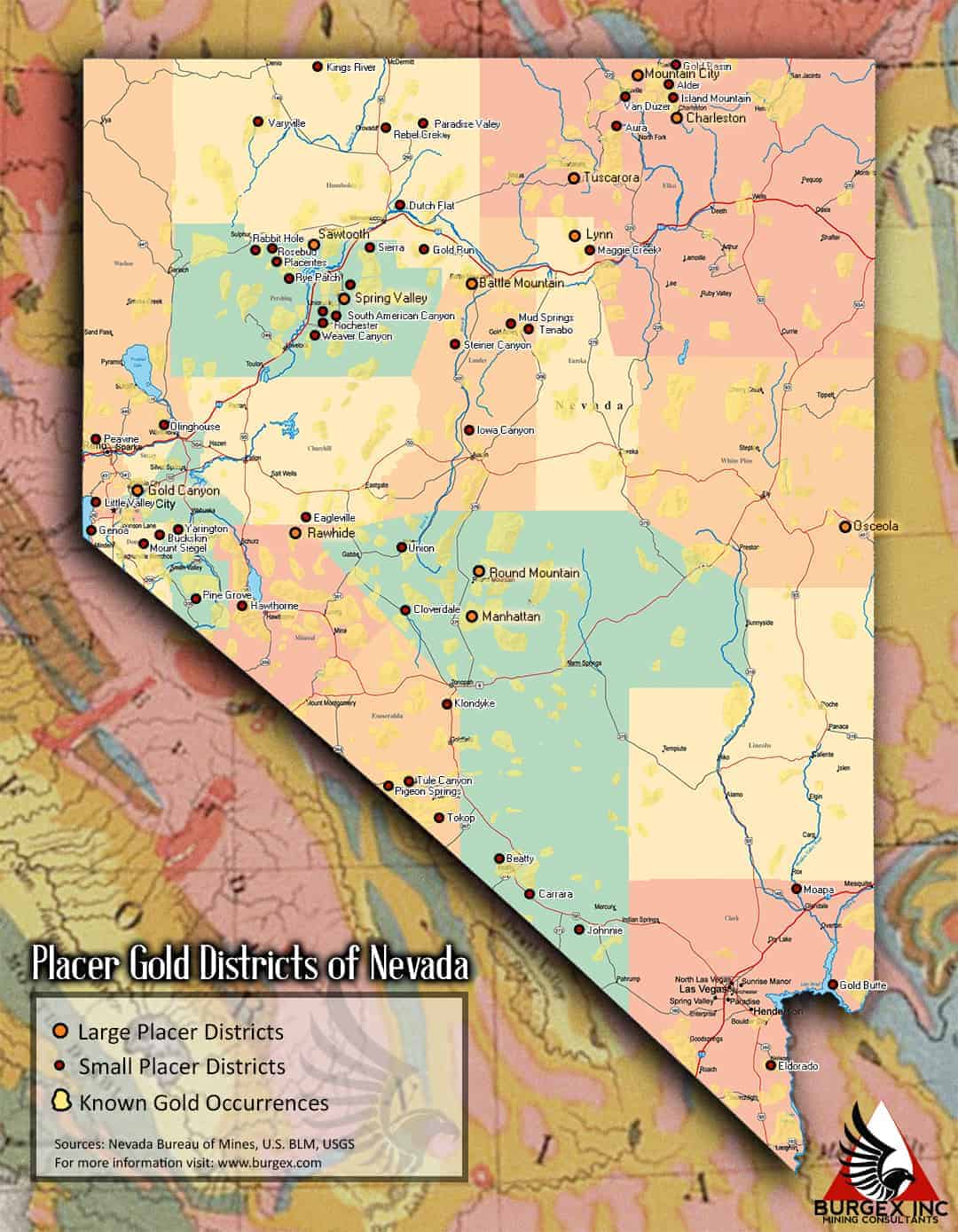 Map of Placer Gold Districts of Nevada