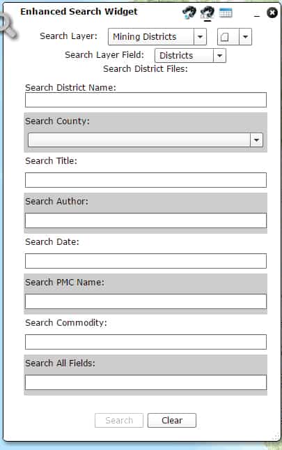 Nevada Mining District Database Files search widget. 
