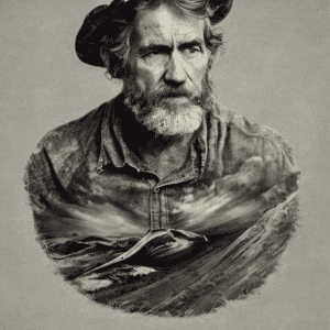 Rugged mineral exploration prospector merged with an image of desolate mountains