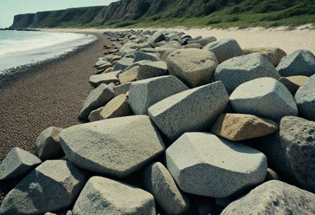 Armor rock lines a sandy beach, armor rock is a construction aggregate